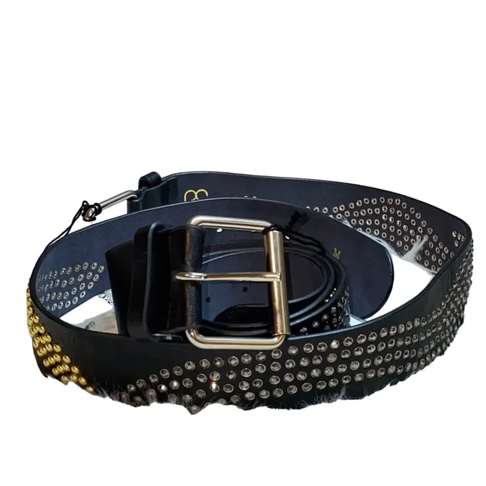 Blue Elegance Black Leather Studded Stone Belt NEW